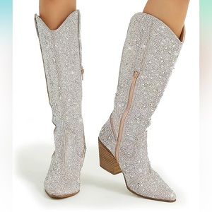 Women's Rhinestone Mid Calf Boots Sparkly Block Heel Cowboy Boots Glitter Boots